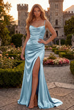 Burgundy Mermaid Spaghetti Straps Satin Long Prom Dress