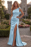 Burgundy One Shoulder Mermaid Ruched Long Prom Dress with Slit