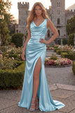 Burgundy V Neck Mermaid Ruched Long Prom Dress with Slit