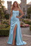 Strapless Appliqued Burgundy Corset Mermaid Long Prom Dress with Slit