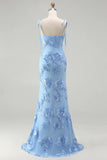 Blue Embroidery Mermaid Floral Spaghetti Straps Maxi Dress