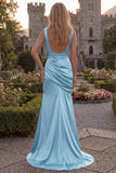 Burgundy V Neck Mermaid Ruched Long Prom Dress with Slit