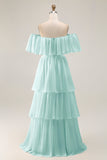 Dark Green Off The Shoulder Tiered A Line Long Bridesmaid Dress