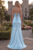 Strapless Appliqued Burgundy Corset Mermaid Long Prom Dress with Slit