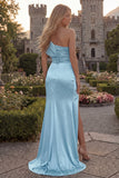 Burgundy One Shoulder Mermaid Ruched Long Prom Dress with Slit