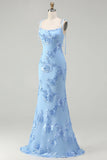 Blue Embroidery Mermaid Floral Spaghetti Straps Maxi Dress