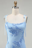 Blue Embroidery Mermaid Floral Spaghetti Straps Maxi Dress