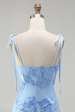 Blue Embroidery Mermaid Floral Spaghetti Straps Maxi Dress