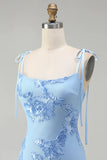 Blue Embroidery Mermaid Floral Spaghetti Straps Maxi Dress