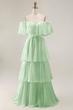 Dark Green Off The Shoulder Tiered A Line Long Bridesmaid Dress