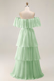 Dark Green Off The Shoulder Tiered A Line Long Bridesmaid Dress