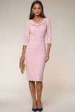 Navy 3/4 Sleeves Cowl Neck Pencil Midi Work Dress