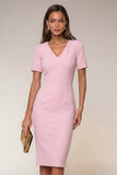 Navy V-Neck Pencil Short Sleeve Knee-Length Work Dress With Back Slit