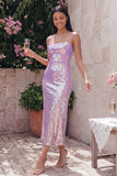 Sparkly Sheath Gold Spaghetti Straps Midi Dress
