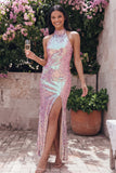 Sparkly Gold Halter Sheath Midi Dress with Slit