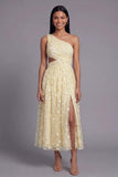 Light Orange A Line One Shoulder Floral Cut Out Ruched Wedding Guest Dress with Slit