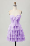Cute Light Yellow Strapless Tiered A Line Short Prom Dress with Bow
