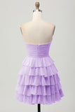 Cute Light Yellow Strapless Tiered A Line Short Prom Dress with Bow