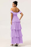 Dusty Blue A-Line Off The Shoulder Tiered Pleated Chiffon Long Bridesmaid Dress