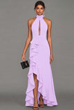 Black Halter Long Evening Dress With Ruffle Slit