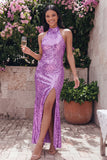 Sparkly Gold Halter Sheath Midi Dress with Slit