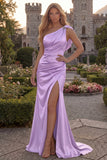 Burgundy One Shoulder Mermaid Ruched Long Prom Dress with Slit