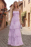 Yellow Tiered A Line Appliqued Maxi Prom Dress