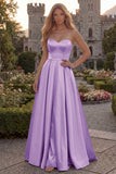 Burgundy Strapless A Line Satin Long Prom Dress