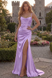 Burgundy Mermaid Spaghetti Straps Satin Long Prom Dress