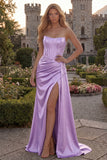 Strapless Appliqued Burgundy Corset Mermaid Long Prom Dress with Slit