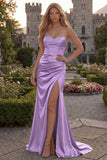 Sweetheart Burgundy Mermaid Ruched Long Prom Dress with Slit