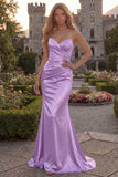 Sweetheart Mermaid Burgundy Ruched Satin Long Prom Dress