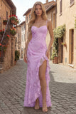 Blush Ruffled Appliqued Long Prom Dress with Slit