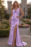 Burgundy V Neck Mermaid Ruched Long Prom Dress with Slit