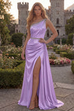 One Shoulder Burgundy Beaded Mermaid Long Prom Dress with Slit