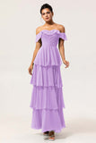 Dusty Blue A-Line Off The Shoulder Tiered Pleated Chiffon Long Bridesmaid Dress