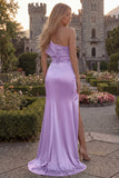 Burgundy One Shoulder Mermaid Ruched Long Prom Dress with Slit