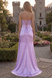 Strapless Appliqued Burgundy Corset Mermaid Long Prom Dress with Slit