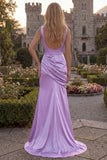 Burgundy V Neck Mermaid Ruched Long Prom Dress with Slit