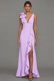 Dark Green Bow Ruffle V-Neck Evening Dress With Slit