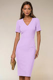 Navy V-Neck Pencil Short Sleeve Knee-Length Work Dress With Back Slit