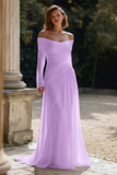 Off The Shoulder Long Sleeve Ivory Engagement Dress With Pleats