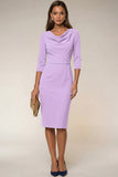Navy 3/4 Sleeves Cowl Neck Pencil Midi Work Dress