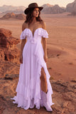 Off the Shoulder Ruffle A Line Ivory Long Wedding Dress with Slit