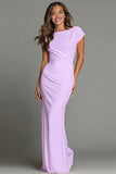 Navy Sheath Short Sleeve Bateau Neck Long Formal Dress