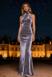 Halter Velvet Purple Long Formal Dress