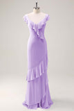 Dusty Sage Sheath V Neck Chiffon Long Bridesmaid Dress with Ruffles