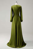 Agave A-Line Round Neck Satin Long Bridesmaid Dress with Long Sleeves