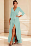 Burgundy A Line V-Neck Long Sleeves Mother of the Bride Dress With Slit