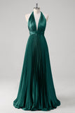 Royal Blue A Line Halter Pleated Long Prom Dress